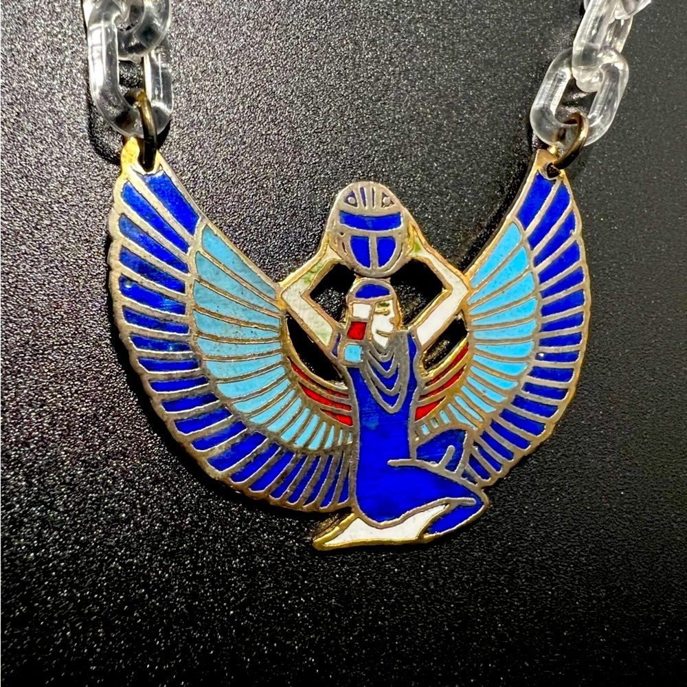 Vintage Brass Enamel Egyptian Revival Pendant Lucite Chunky Link Chain Necklace